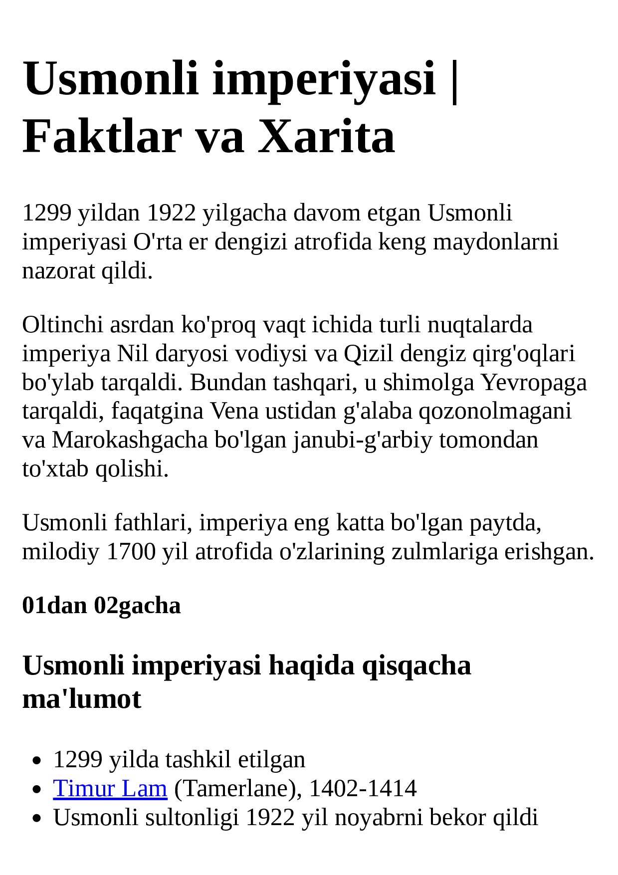 Usmonli imperiyasi   Faktlar va Xarita