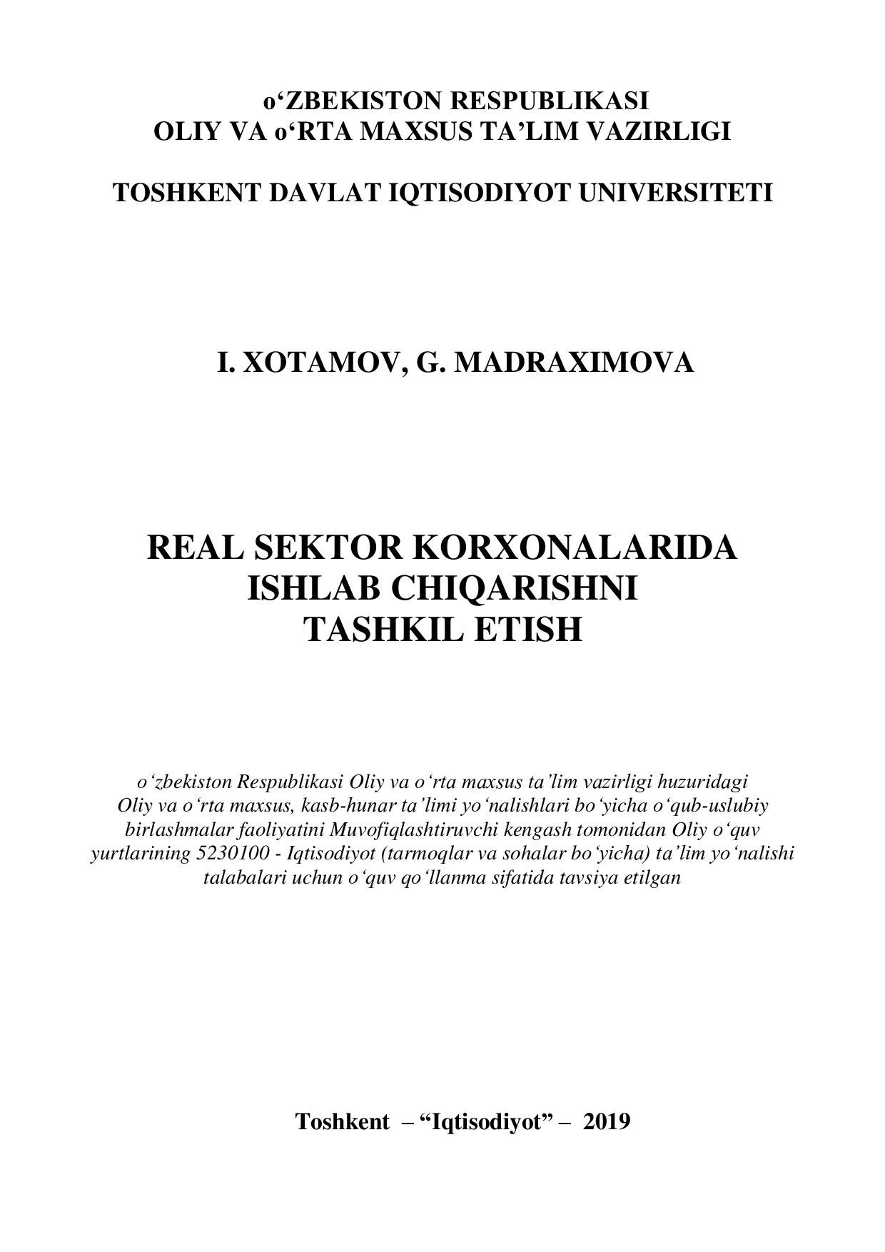 Real sektor korxonalarida ishlab chiqarishni tashkil etish