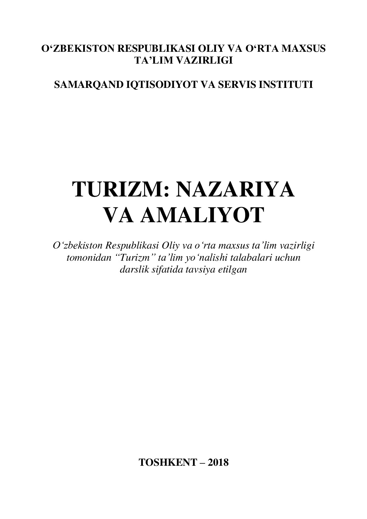 Turizm. Nazariya-Amaliyot