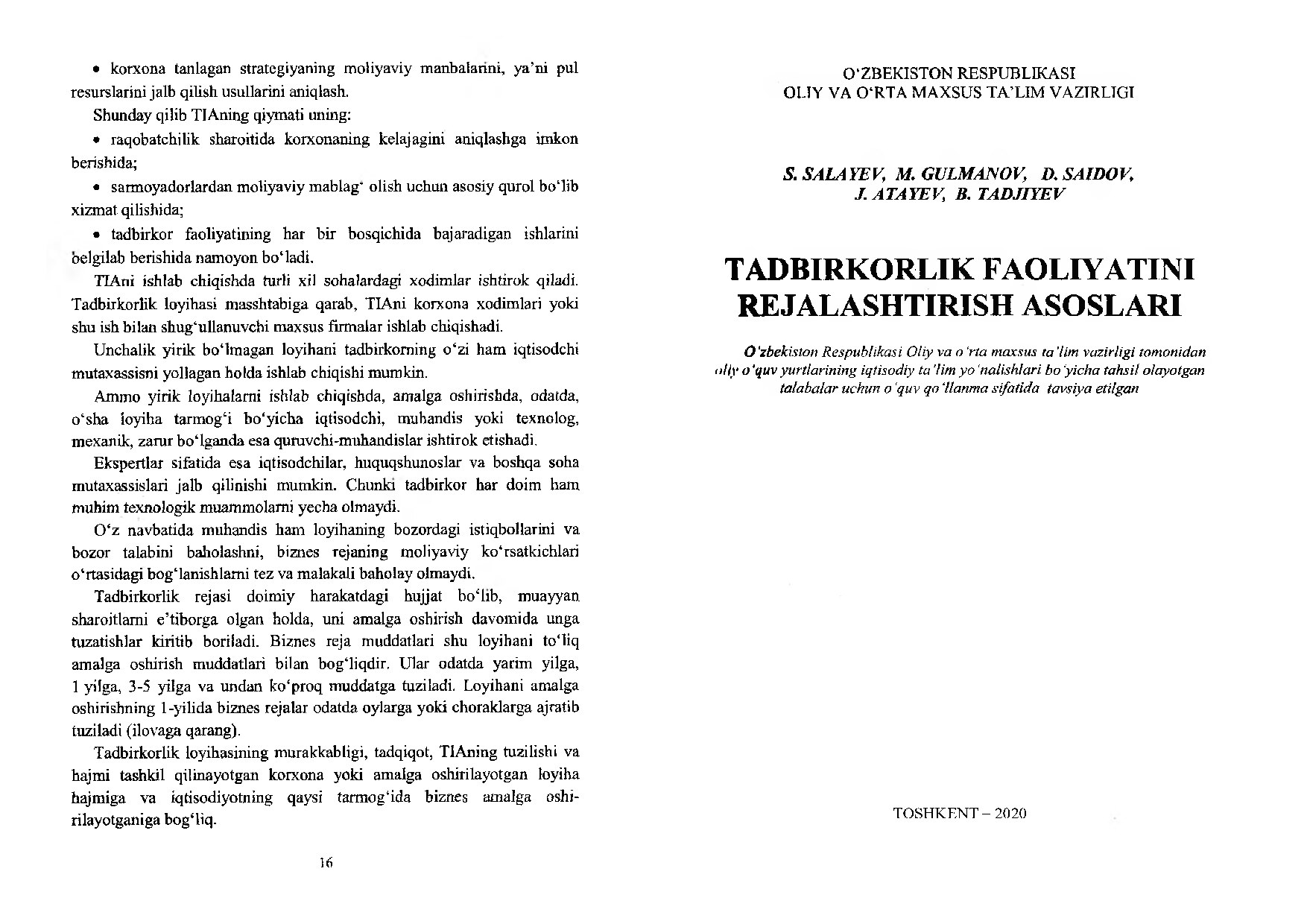 Tadbirkorlik faoliyatini rejalashtirish asoslari