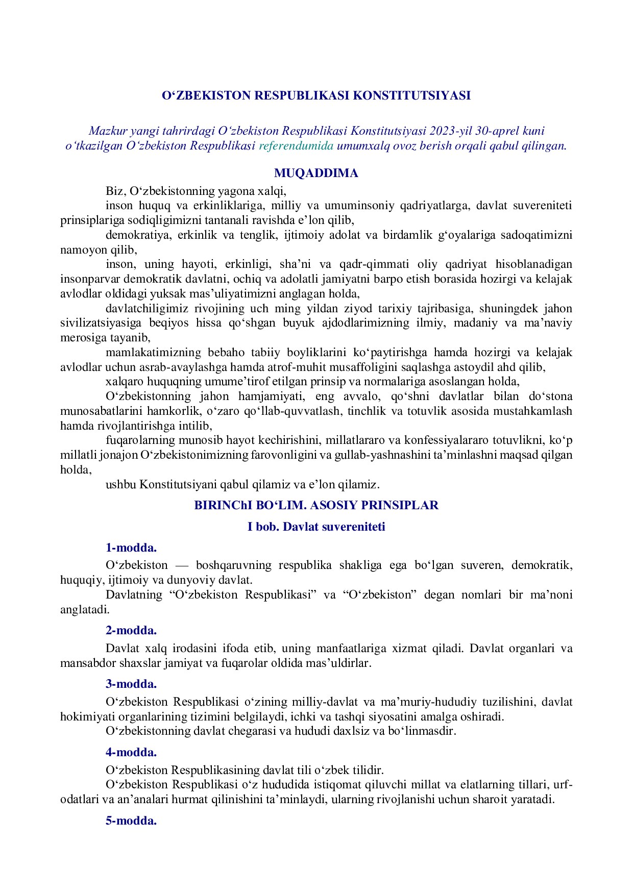 O'zbekiston Respublikasining Konstitusiyasi