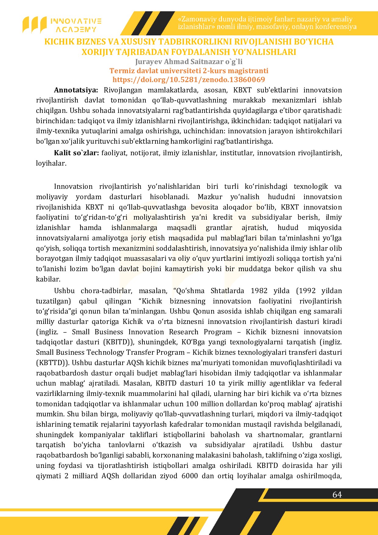 kichik beznis va xususiy tadbirkorlik