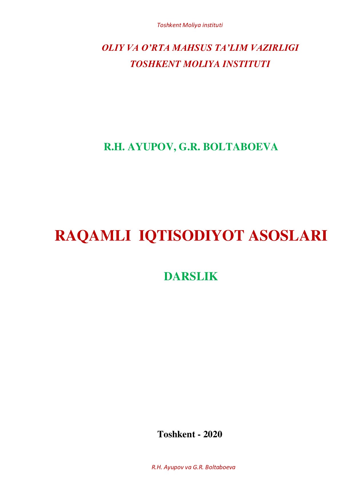 Raqamli iqtisodiyot asoslari. Darslik. Toshkent-2020