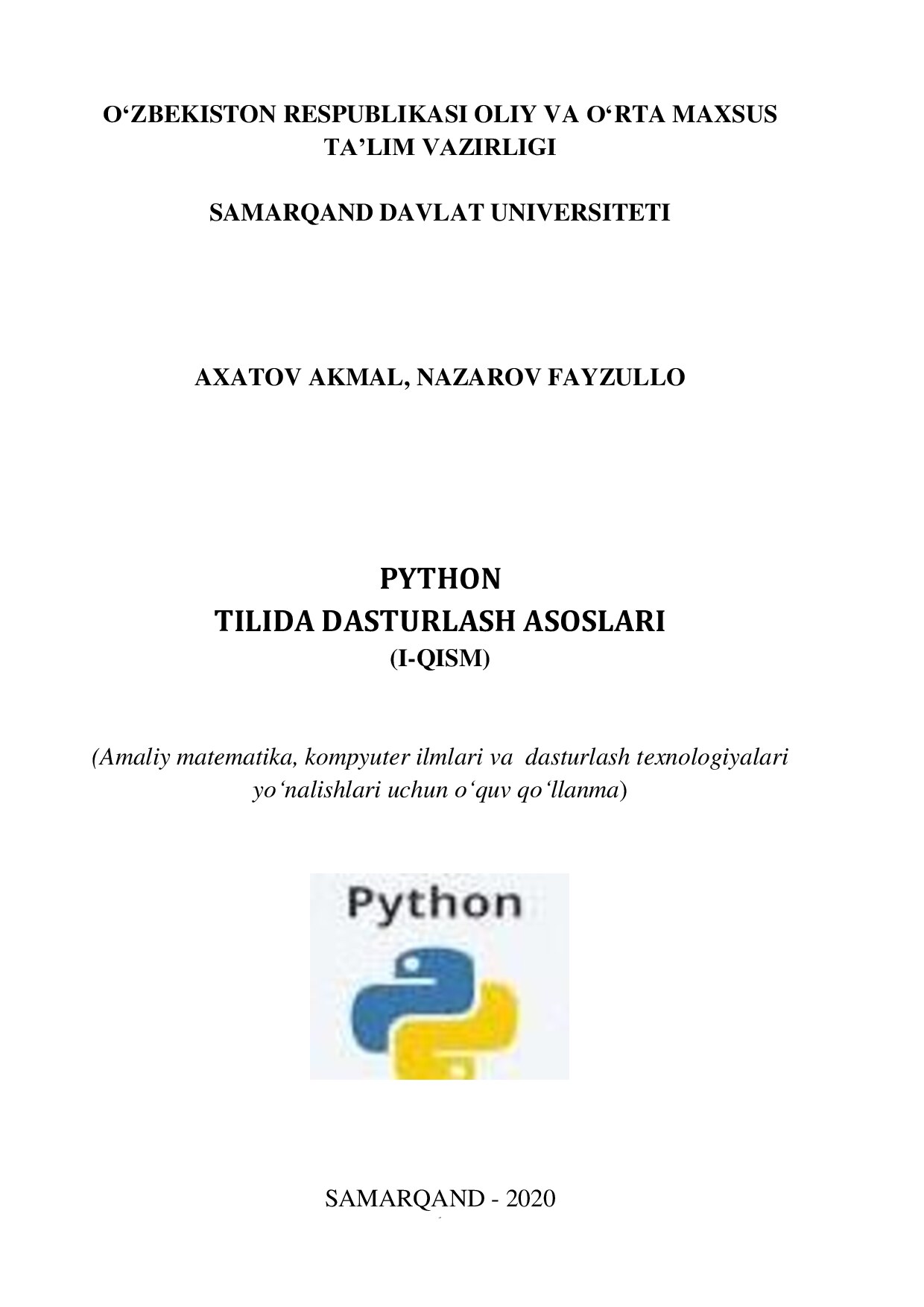 PYTHON TILIDA DASTURLASH ASOSLARI (I-QISM)