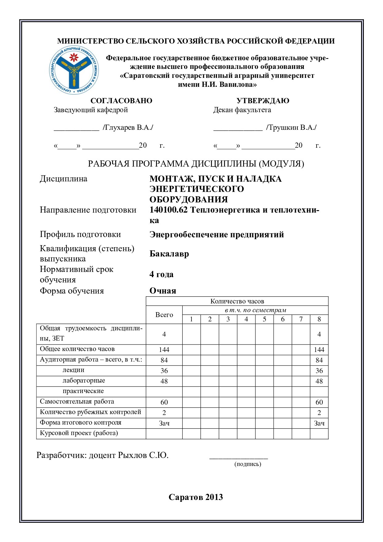 Монтаж, пуск и наладка энергетического оборудования - раб.программа Саратов Агр.универ