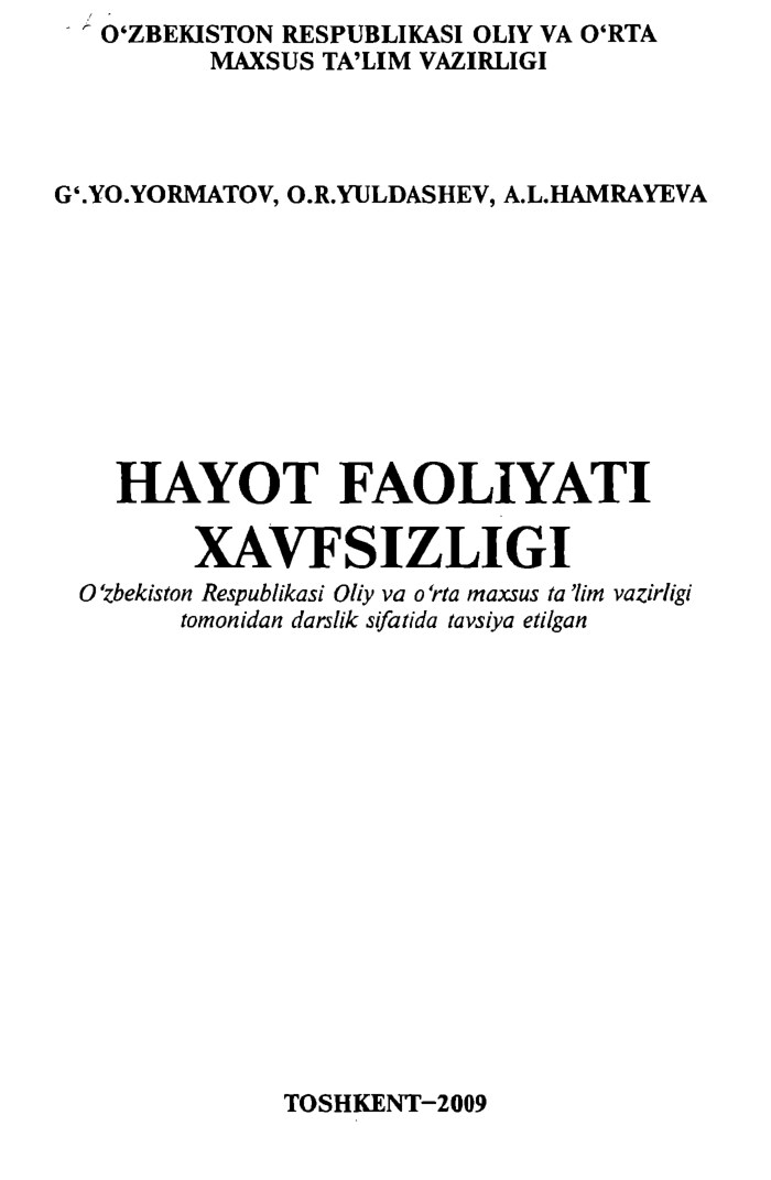 Hayot faoliyati xavfsizligi Yormatov G`