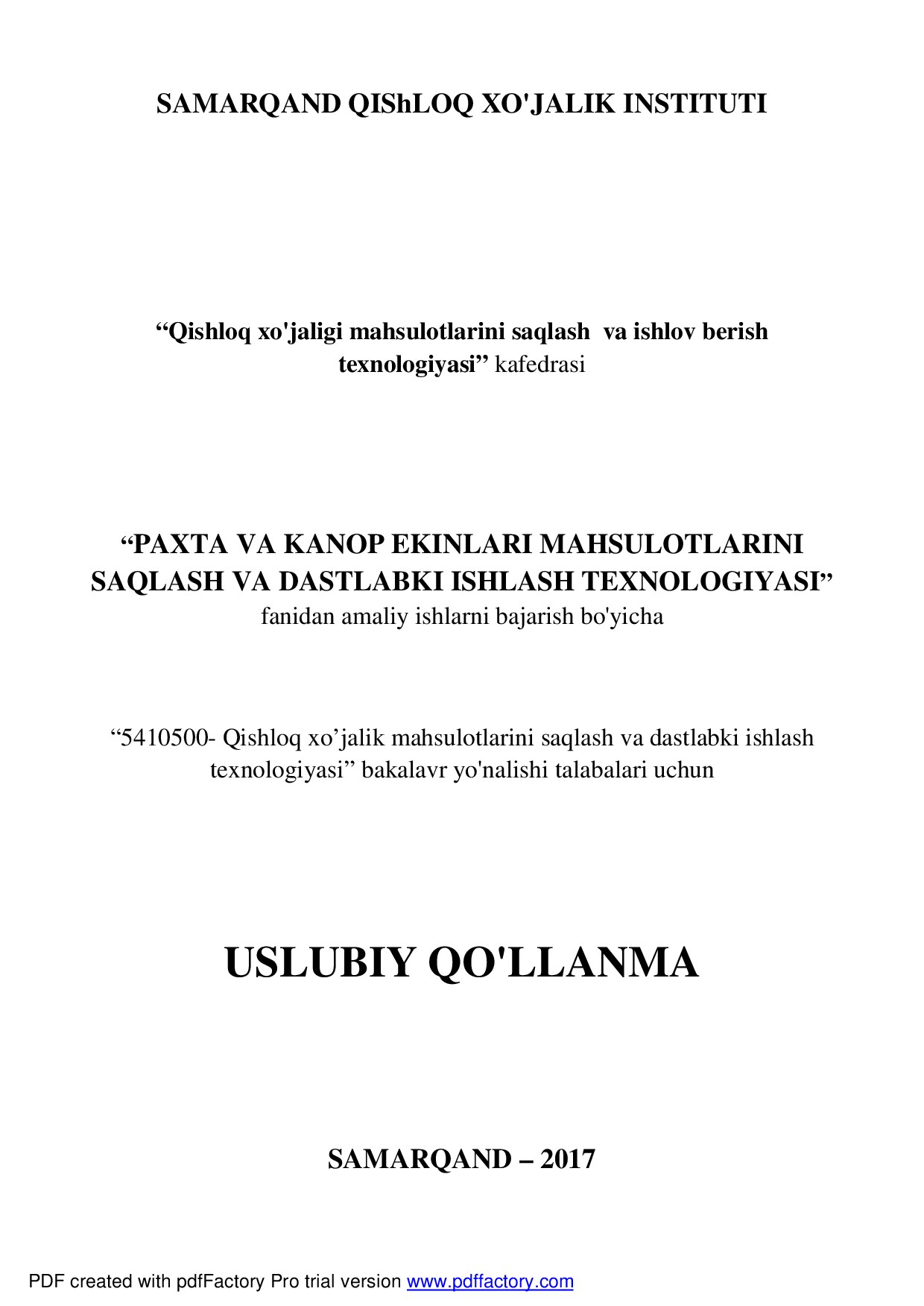 PAXTA VA KANOP Uslubiy qo'llanma 2017 Yangi