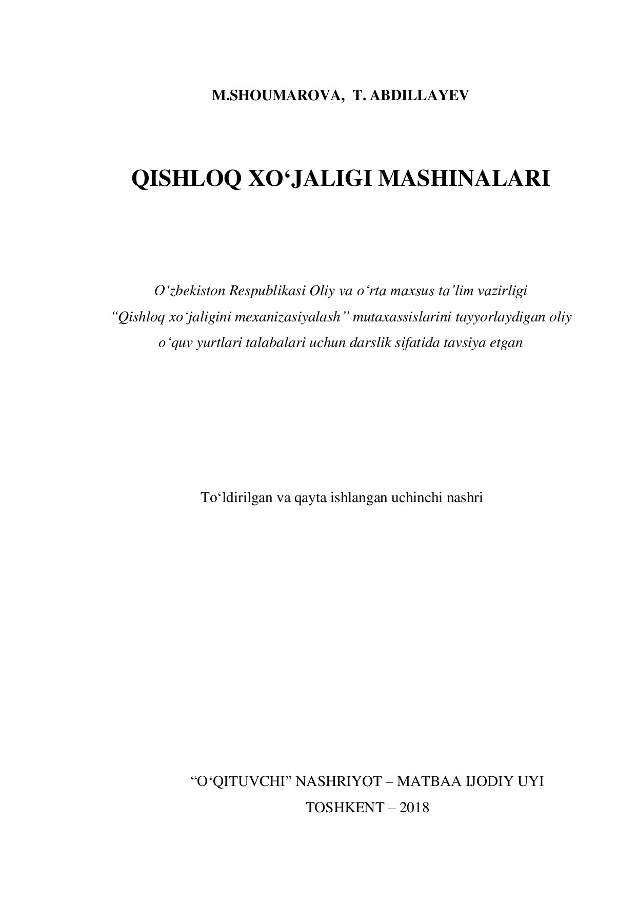 QISHLOQ XO'JALIGI MASHINALARI