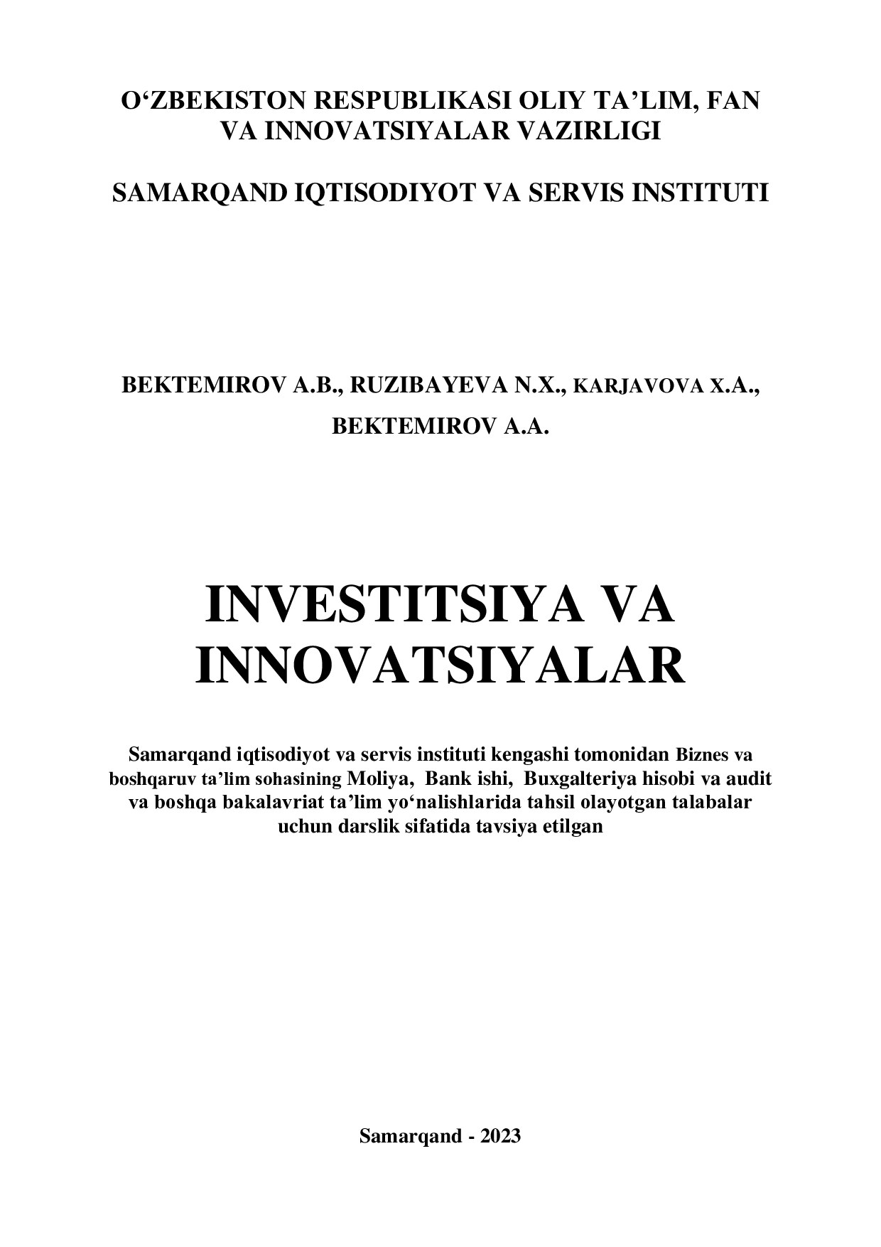 Investitsiya va innovatsiyalar