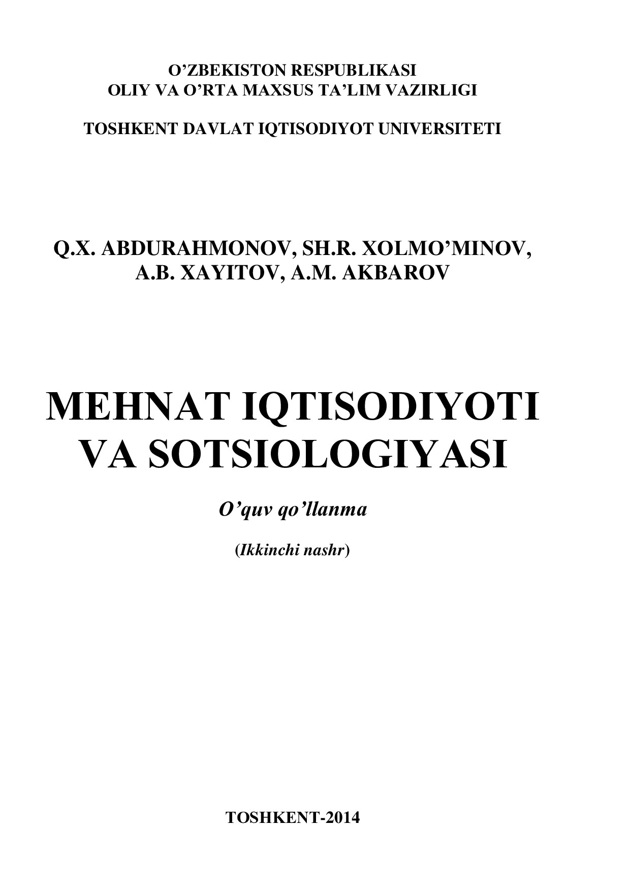 MEHNAT IQTISODIYOTI VA SOTSIOLOGIYASI