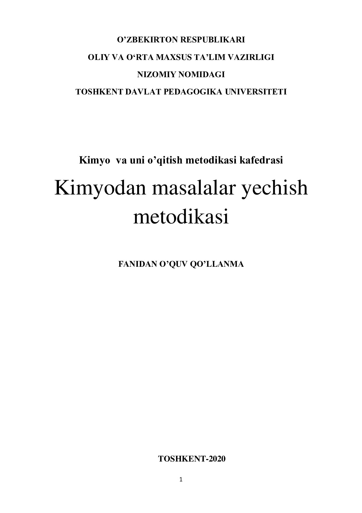 Kimyodan masalalar yechish metodikasi