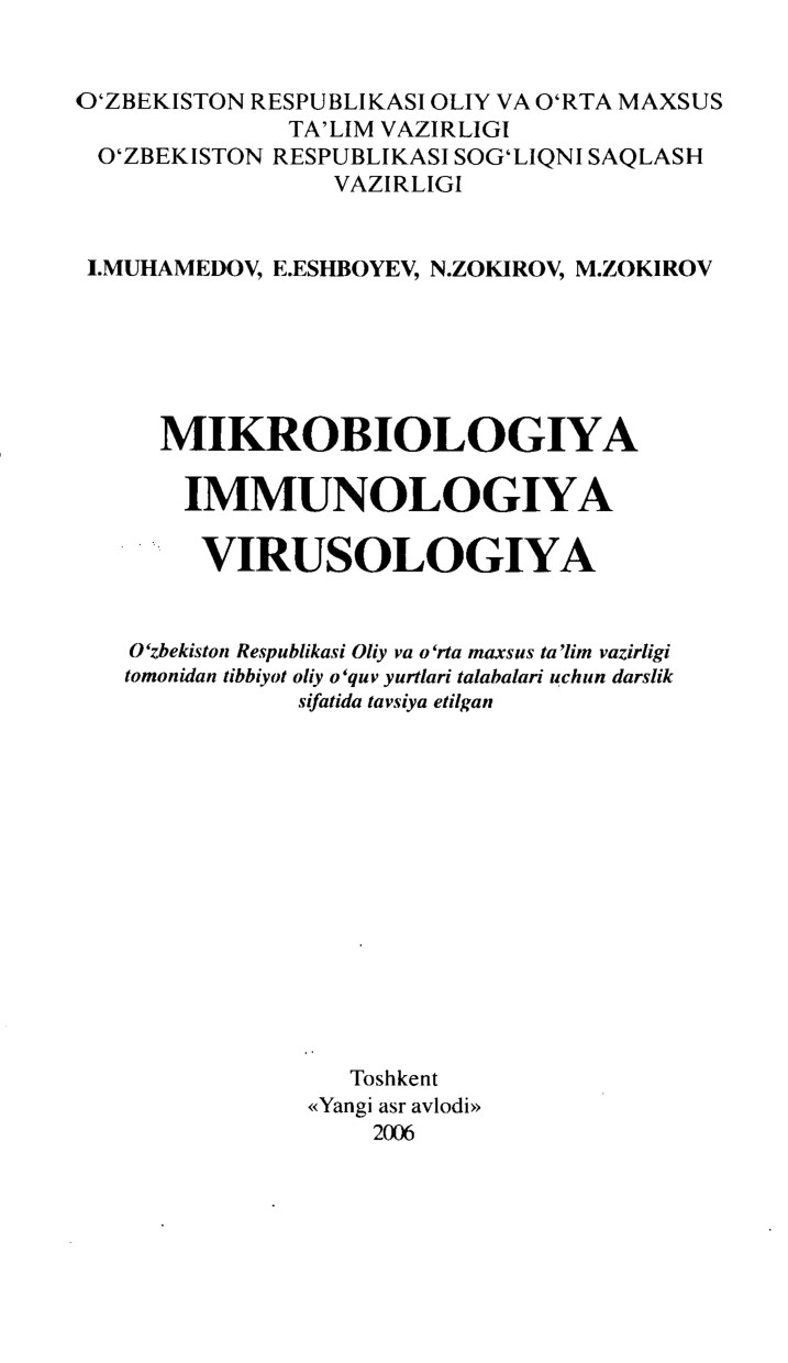 Mikrobiologiya, immunologiya, virusologiya, Darslik