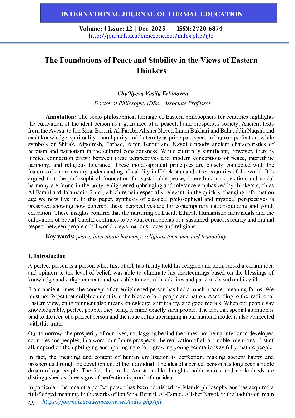 The Foundations of Peace and Stability in the Views of Eastern Thinkers