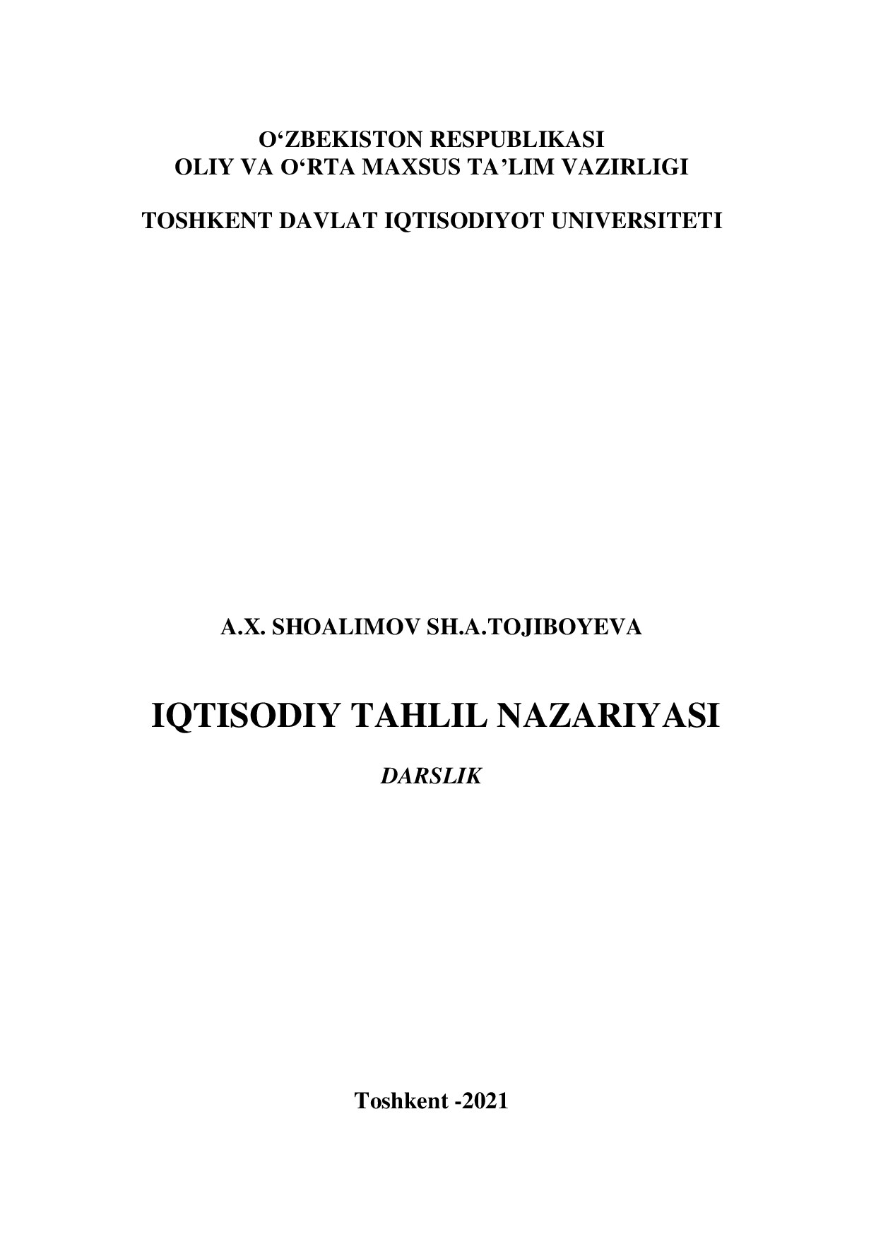 O‘ZBEKISTON RESPUBLIKASI OLIY VA O‘RTA MAXSUS TA’LIM VAZIRLIGI