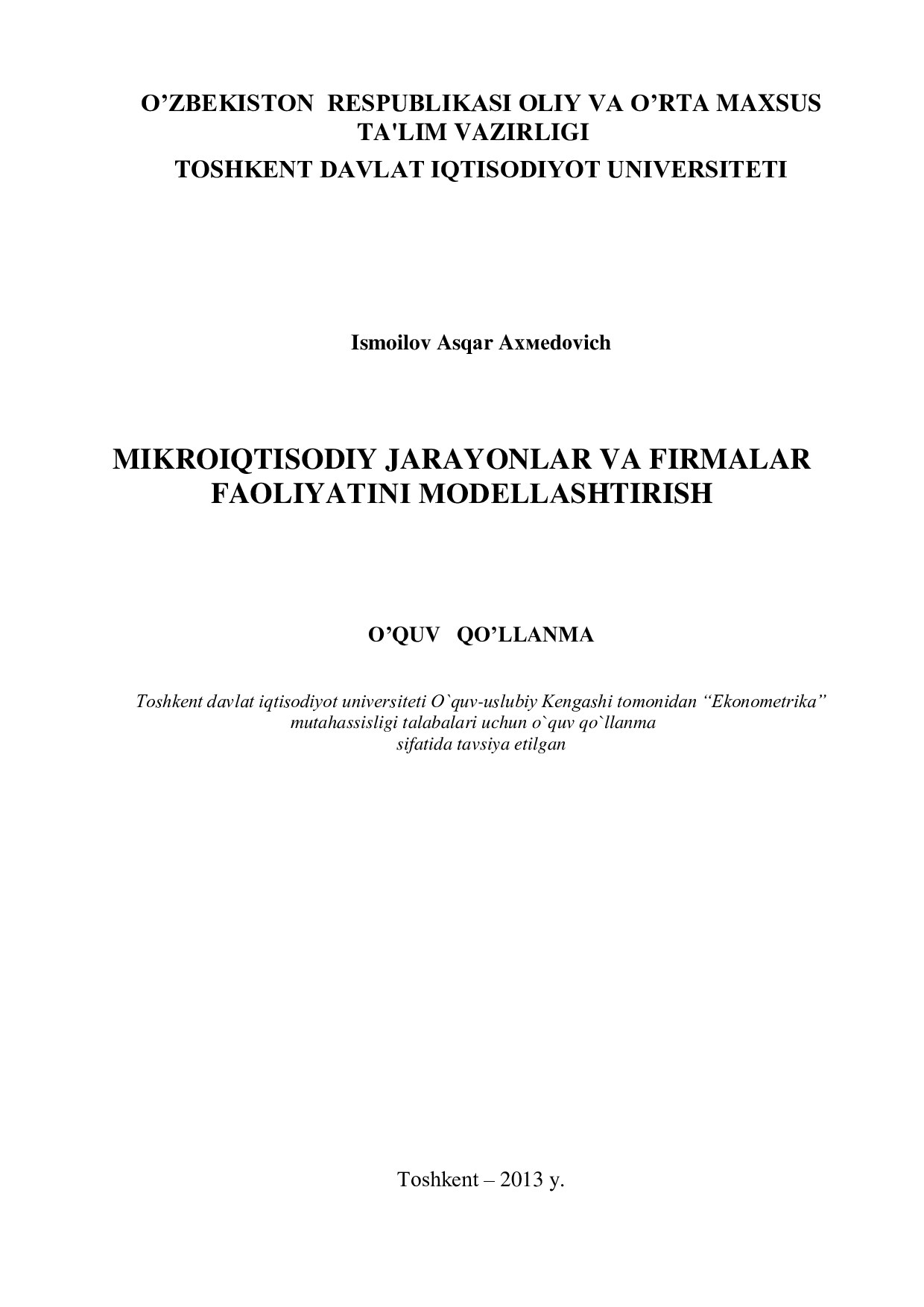 O’ZBЕKISTON  RЕSPUBLIKASI OLIY VA ЎRTA MAXSUS TA'LIM VAZIRLIGI