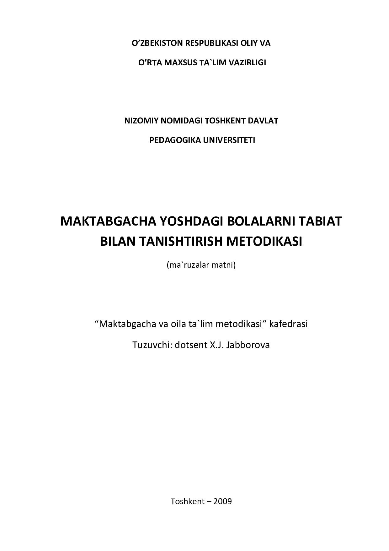 TABIAT BILAN TANISHTIRISH METODIKASI (JABBOROVA)  2002